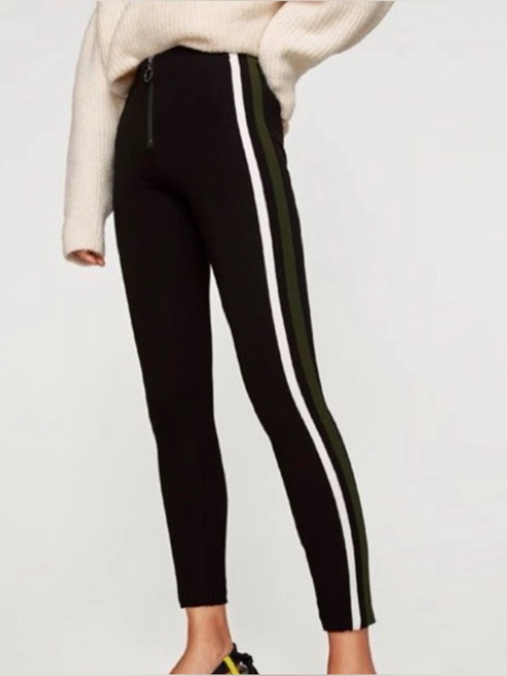 Zara Trafaluc Black Side Stripe Zip Front Ponte Leggings Pants M